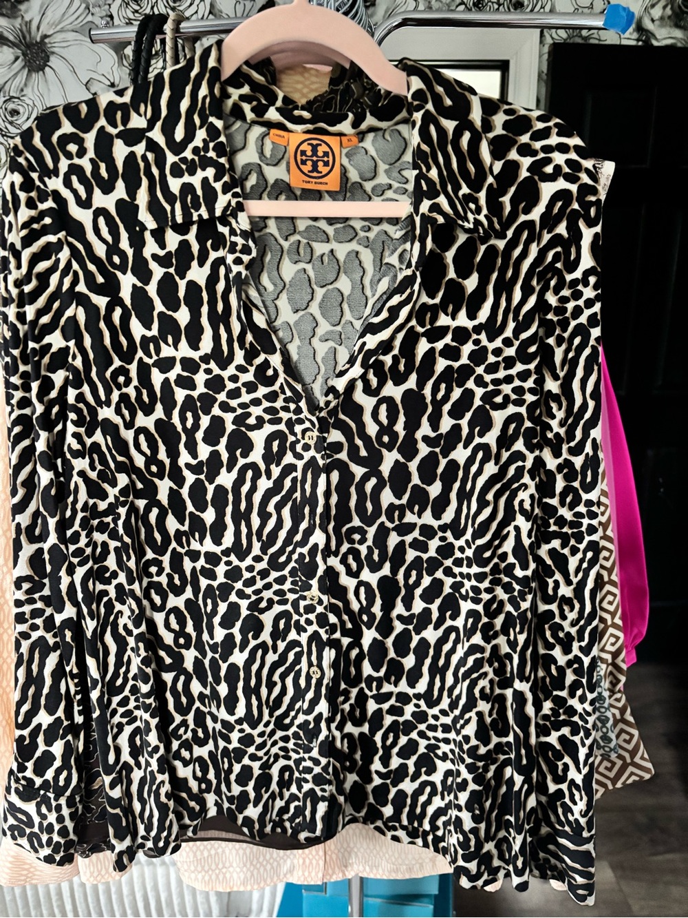 Tory Burch Black and Cream Silk Leopard Button-Down Shirt